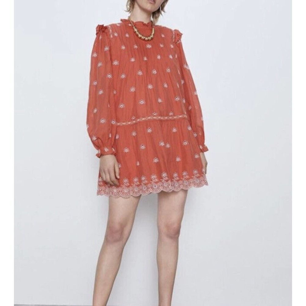 LAST ONE!!! ZARA women's Medium Orange A-Line Ruffled Short Dress Eyelet Summer